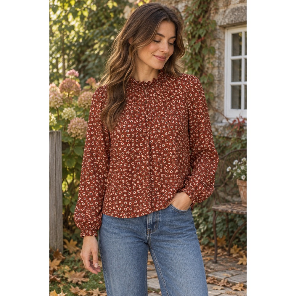 Forever 21 S Rust Ditsy Floral Ruffle Neck Blouse Romantic Cottagecore